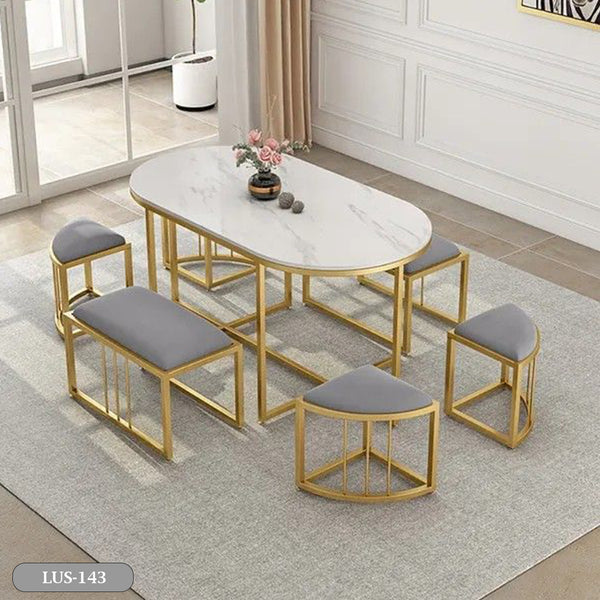 Dining table - 8 metal seats and a white Carrara marble table - LUS-143