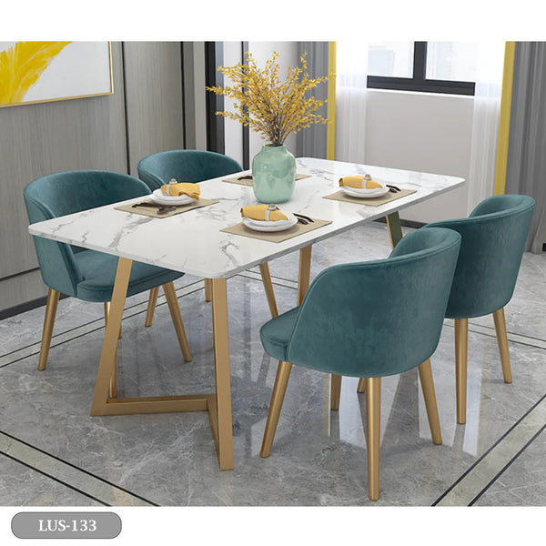 Dining table - 4 metal chairs and a white quartz marble table - LUS-133